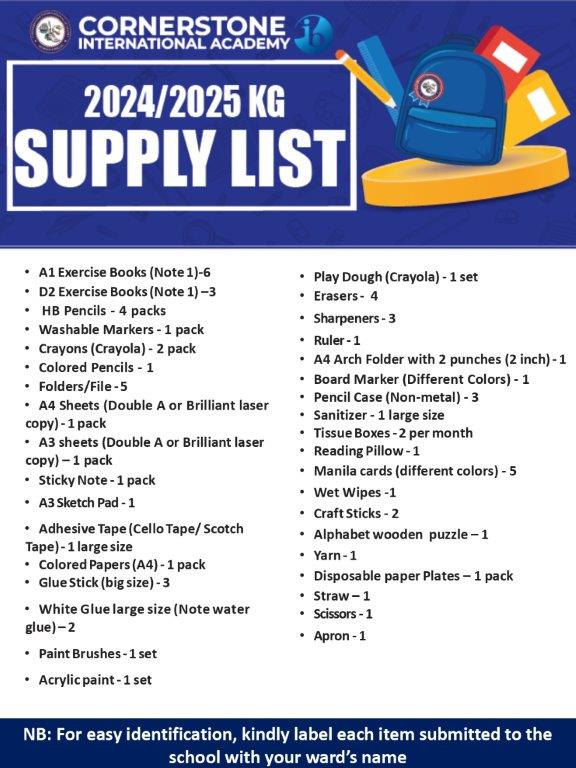 Kindgarten supply list