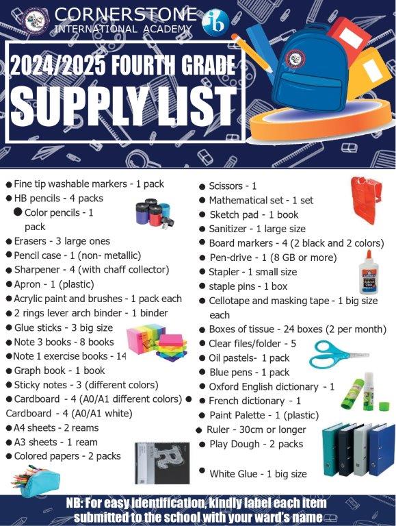 Fourth Grade supply list