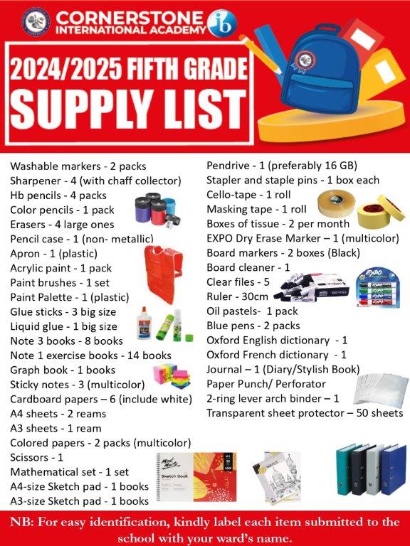 Fifth Grade supply list