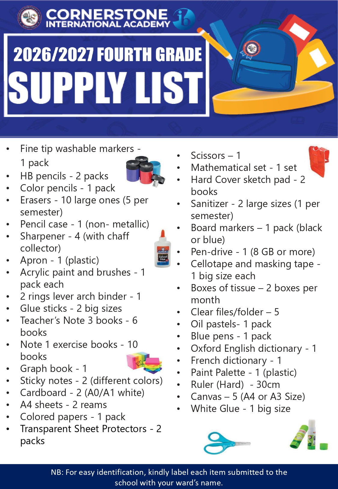 Fourth Grade supply list