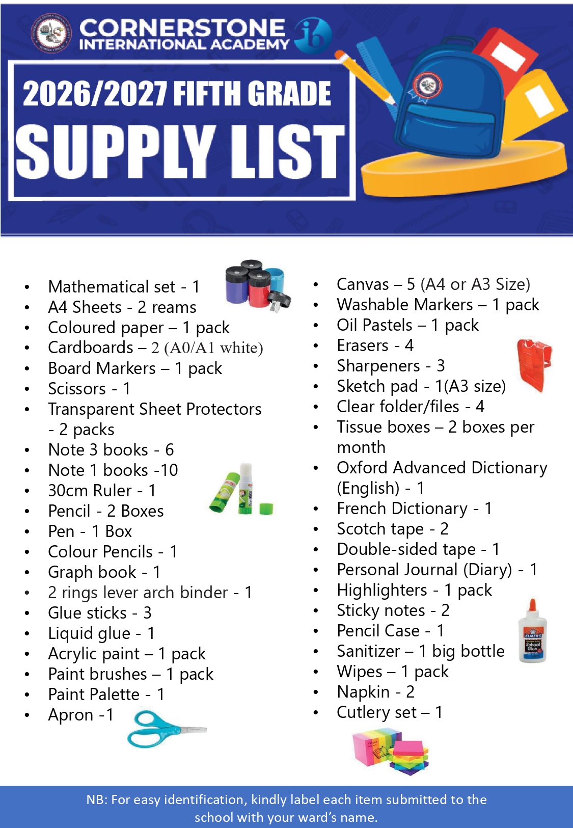 Fifth Grade supply list